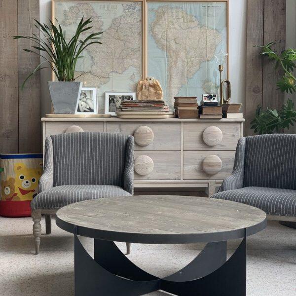 北欧法式工业侘寂风格家具铁艺风化灰复古老杉木大圆茶几大地色系