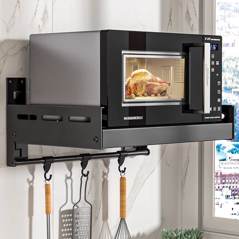 微波炉置物架厨房墙上烤箱t架子支架免打孔壁挂式可伸缩收纳架挂