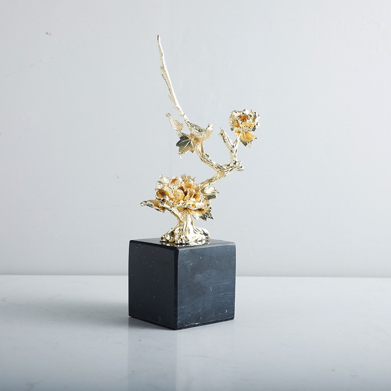 新中式轻奢金属鲜花大理石摆件样板房玄关K客厅电视柜酒店软装饰