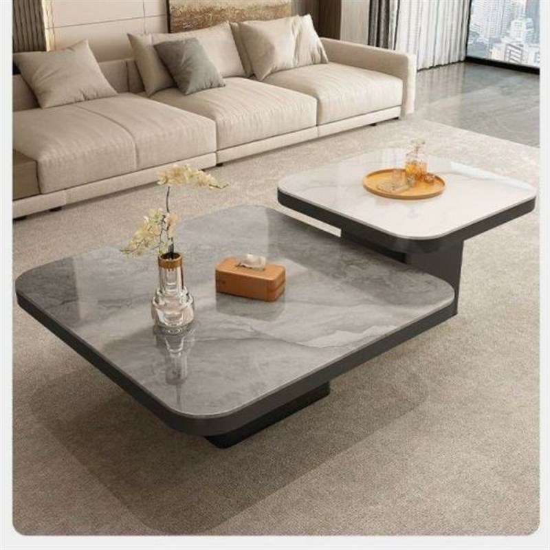 意式轻奢岩板正方形现代小户型C茶几家用客厅黑色极简简约组合