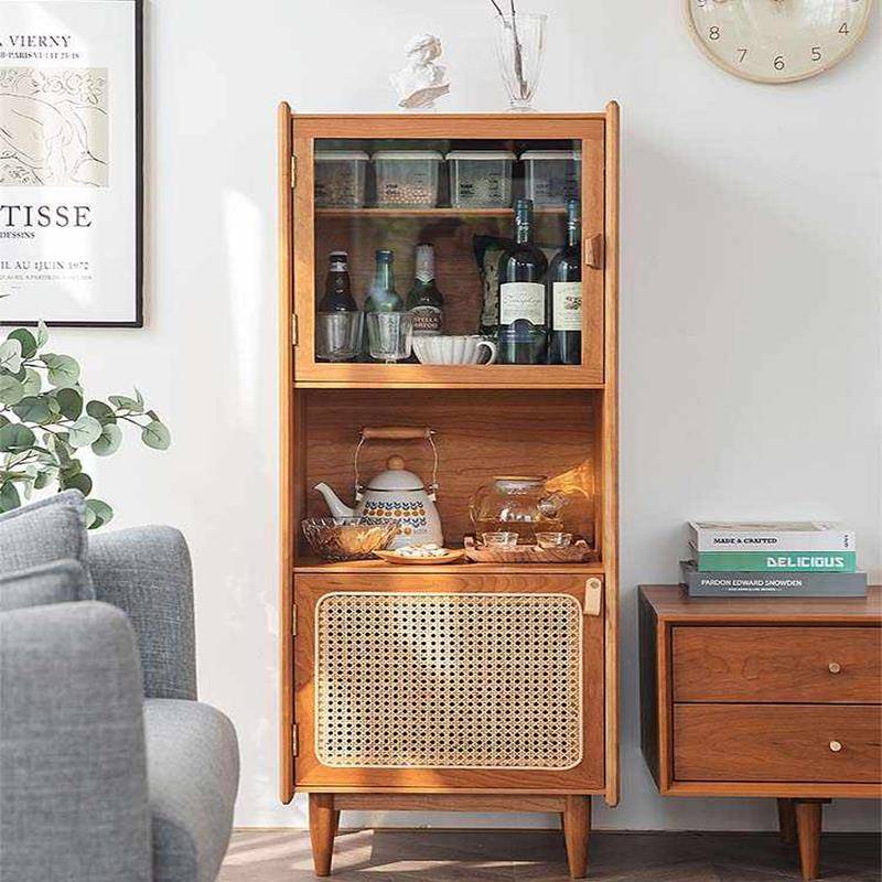 日式藤编窄实木餐边柜一体酒柜靠墙储物柜客厅小户型超薄茶水柜