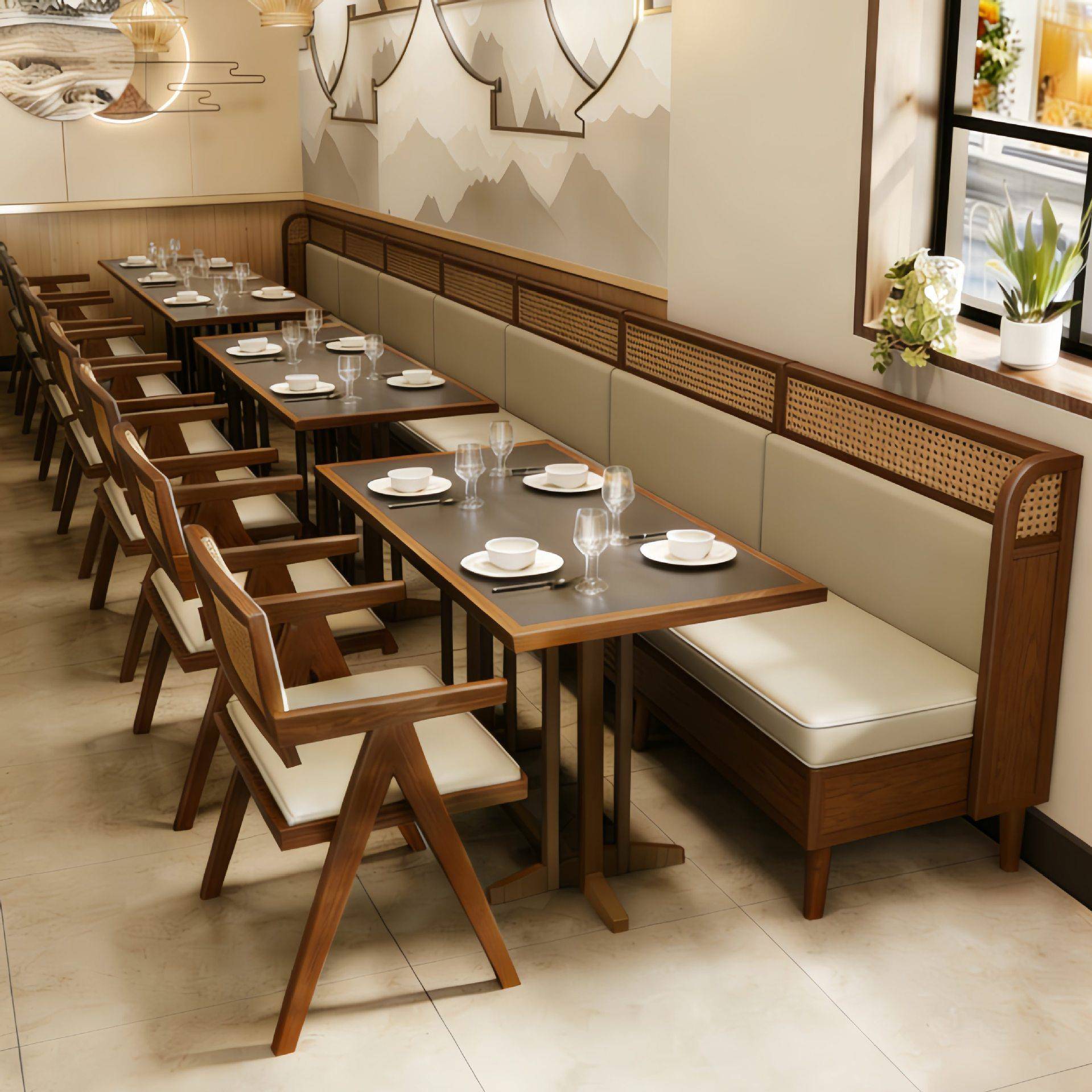 商用藤编实木奶茶店咖啡厅卡座沙发桌椅组合西餐厅茶楼餐饮店座椅