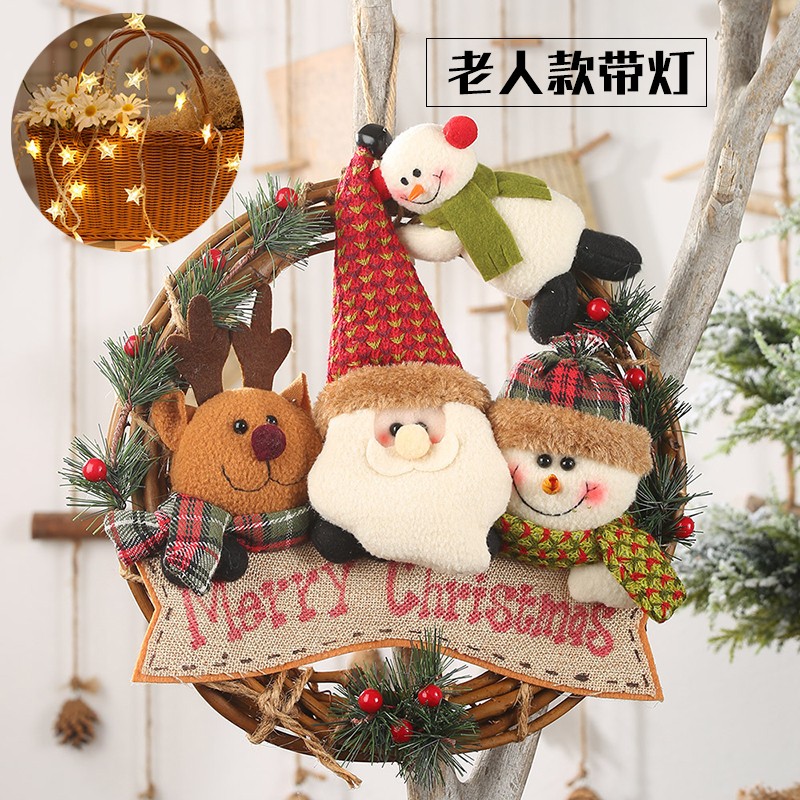 2021新款圣诞节装饰用品老人雪人麋鹿藤圈挂P件小工作藤条花环挂