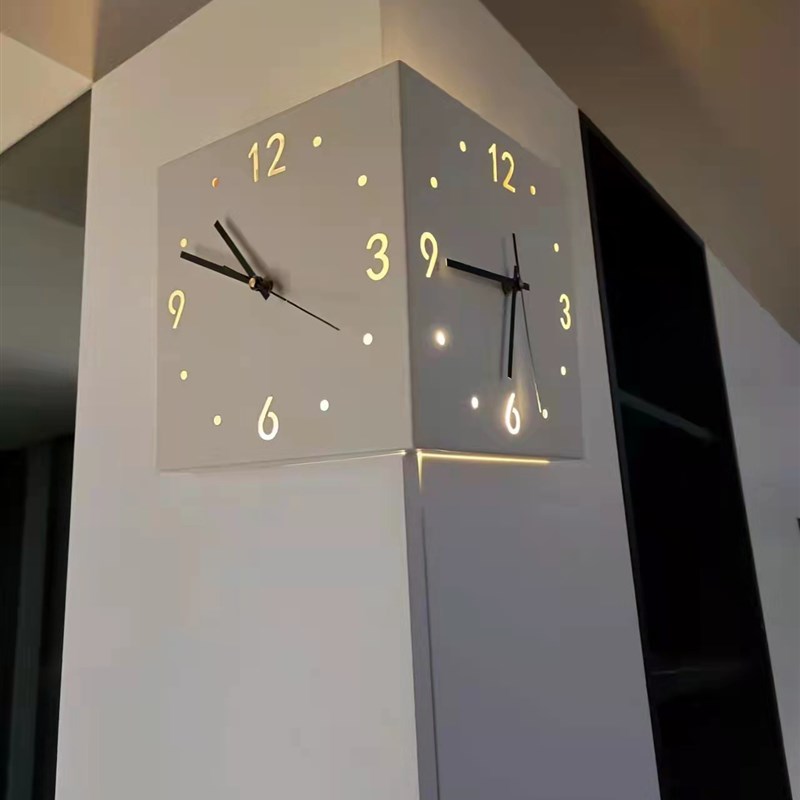 钟表挂钟客厅f转角双面钟时钟创意简约现代艺术家用时尚壁灯餐厅