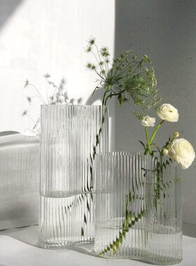 ooooh北欧竖条纹水波纹彩色流线形玻璃花瓶家居简约现代