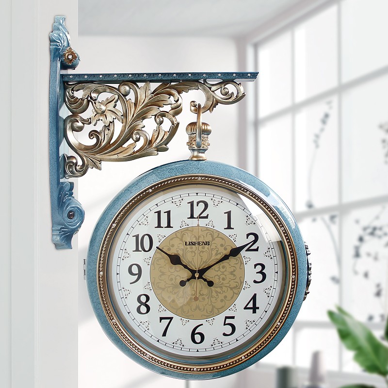 丽盛欧式双面挂钟k静音客厅个性挂表创意时钟田园现代简约家用钟