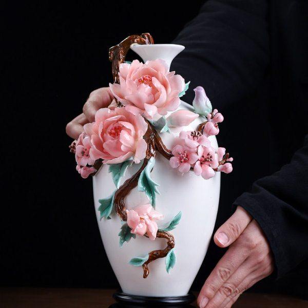 东方泥土新中式陶瓷非遗手工捏制牡丹花瓶摆件居家客厅酒柜装饰品