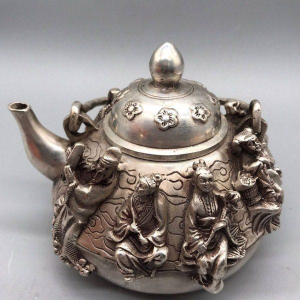 古玩老物件老银八仙高提梁银茶壶精工打造银壶足银壶古董收藏摆件