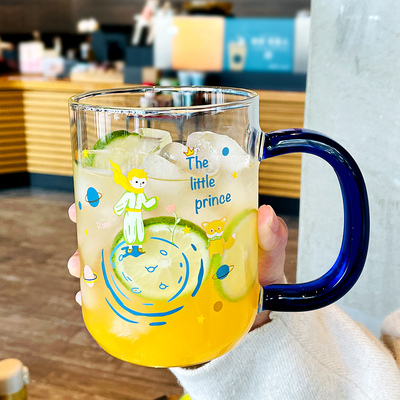 耐热玻璃杯学生可爱喝水杯大容量卡通G把手吸管杯带盖牛奶饮料杯