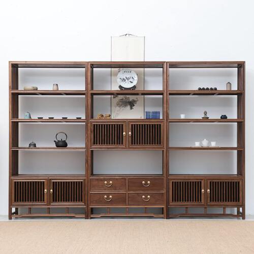 茶桌博古架茶桌边柜新中式茶桌博古架组合置物架架子置物架老榆木