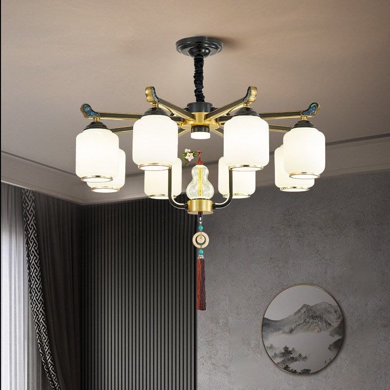 别墅客厅大吊f灯复式楼中空楼梯长吊灯新中式餐厅锌合金灯罩朝下,家装灯饰光源,客厅吊灯,淘宝优惠券,粉丝福利购,淘宝优惠卷