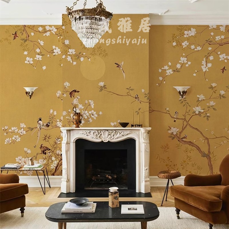 定制新中式d黄色花鸟壁纸复古中古风客厅沙发背景墙纸民宿酒店墙