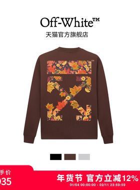 off-white长袖t恤新款纯棉宽松重磅刺绣枫花雪月圆领上衣男女同款