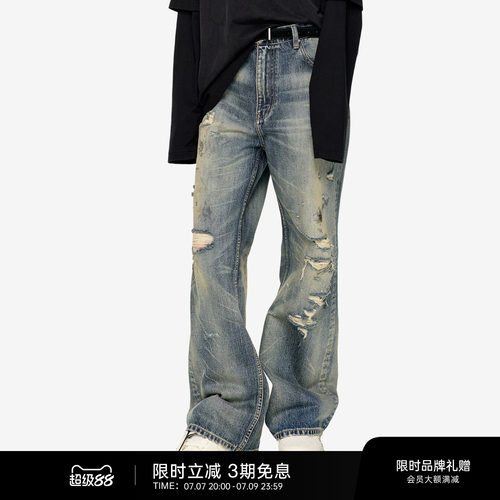 OFF-WHITE™情侣装新款破洞牛仔裤时尚街头磨白做旧长裤仔裤