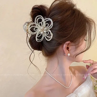 法式 高级感发夹发饰YP 珍珠花朵抓夫女后脑勺头发器鱼夹2026新款