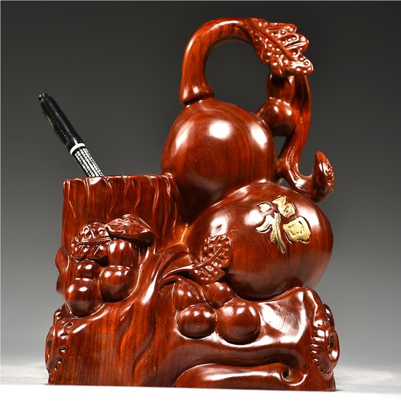 花梨实木葫芦笔筒摆件木质文房办雕公GG0931室书房用W品家客居厅