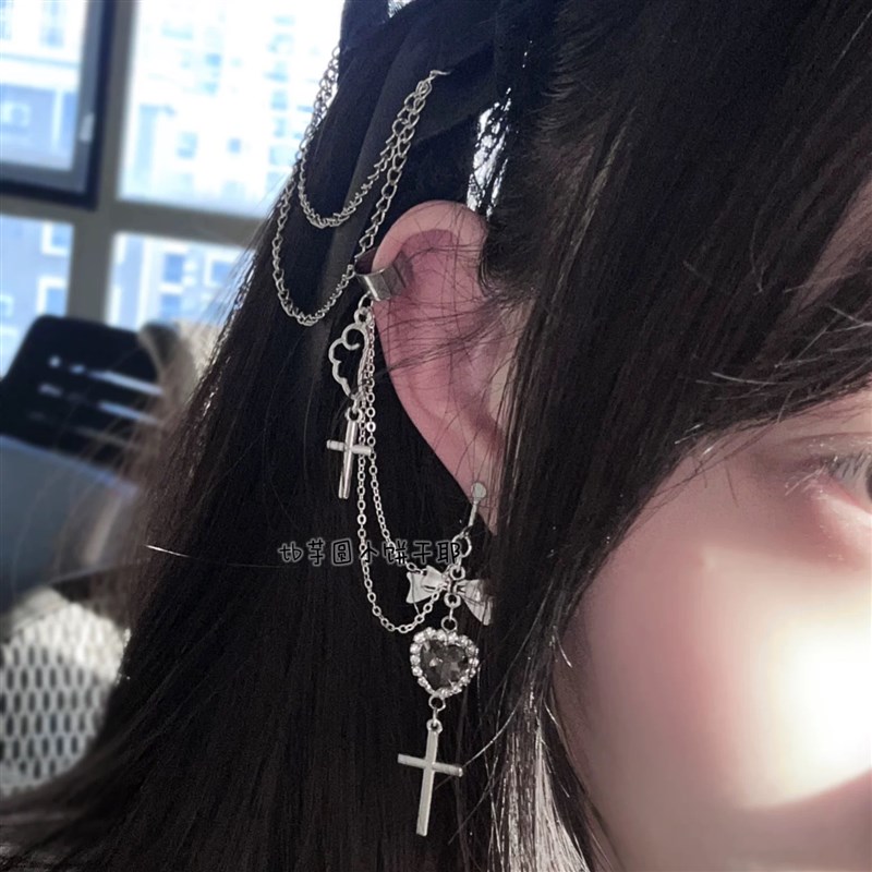 耳饰亚文化yk2k翅膀十字耳钉耳骨夹一体