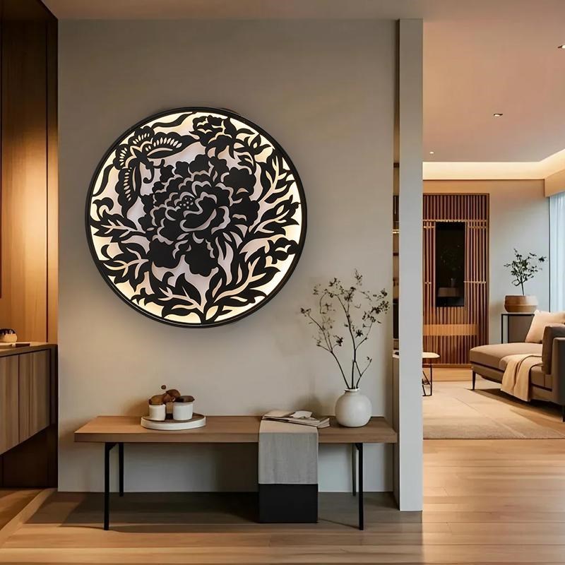 新中式古典带灯挂l画几何图案抽象氛围灯画L客厅玄关背景墙上装饰