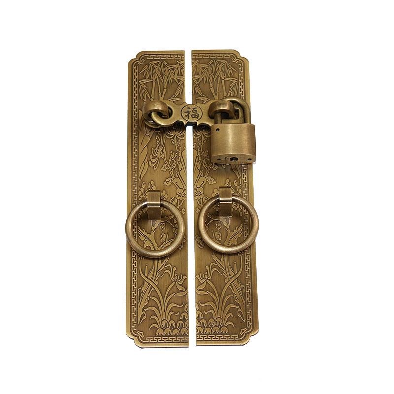 新中式纯铜梅兰竹菊锁扣门u锁庭院花格门铜拉手老式挂实木仿古把