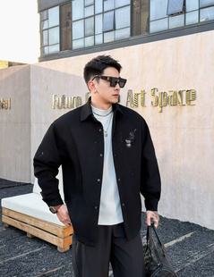 黑桃 男装黑色长袖衬衫宽松休闲潮流时尚百搭上衣衬衫外套加棉