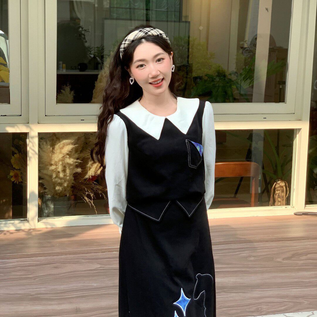 【同款优选】梵高文艺黑糖银河2025贴布绣花拼色假两件连衣裙