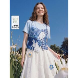 梵高文艺森屿回声2026夏新款小清新印花布拼接假两件t恤女