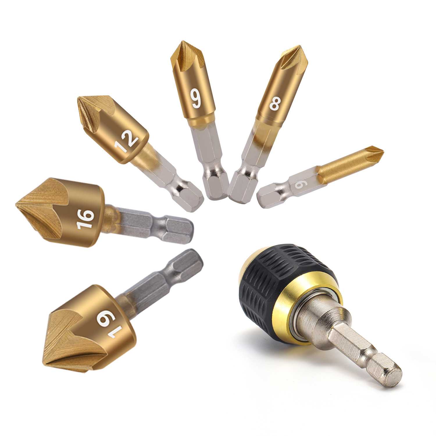 六角柄6pc/7pc镀钛五刃倒角器 6-19mm木工快速速导向倒角刀