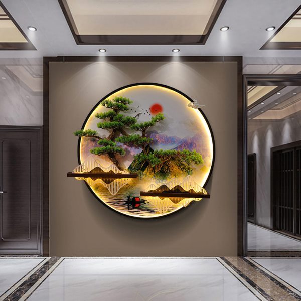 新中式迎客松入户玄关装饰画客厅沙发背景墙挂件简约圆形发光壁饰