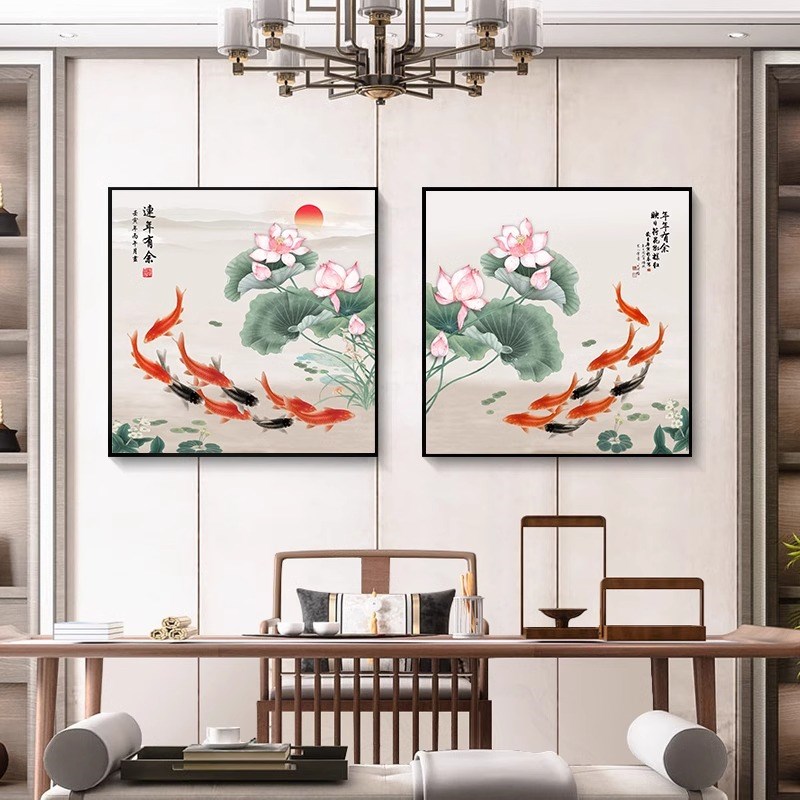 新中式进门玄关装饰画中国风招财荷花九鱼图挂画正方形墙面壁画图片