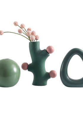 东来家居简约绿色陶瓷花器摆件创意家居客厅电视柜插花瓶组合摆设
