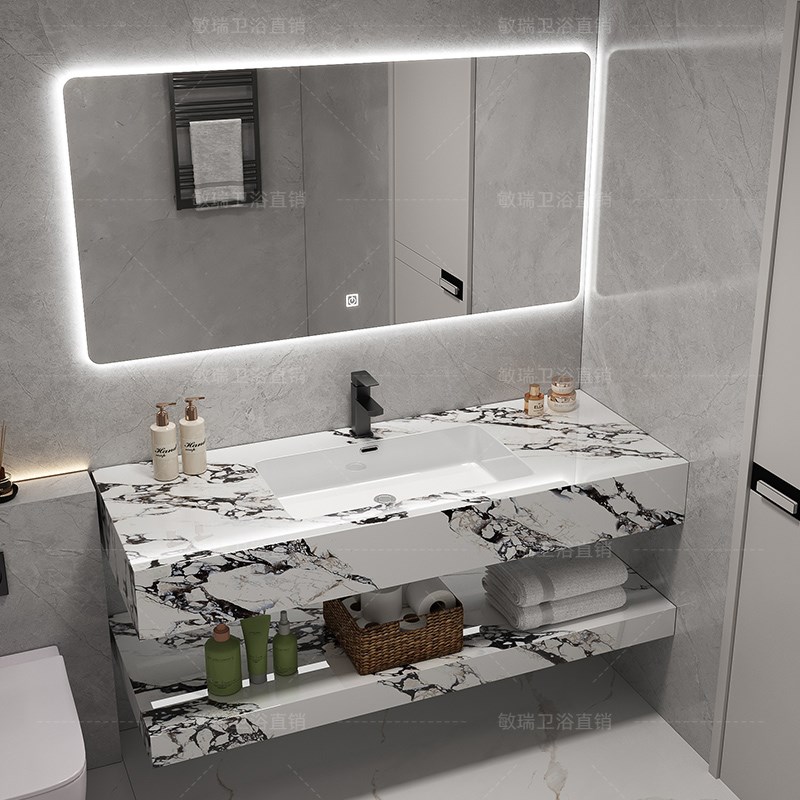 轻奢双层岩板陶瓷无缝盆浴室柜组合酒店卫生间智R能洗脸洗手洗漱