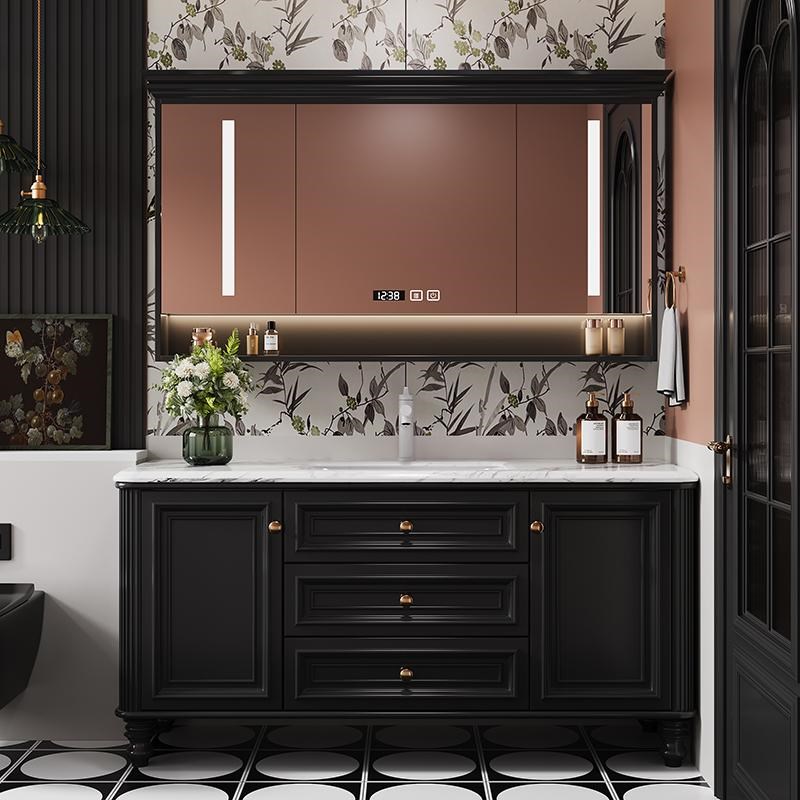 美法式复古浴室柜组合卫生间橡木洗脸池岩板一Q体洗手盆轻奢洗漱