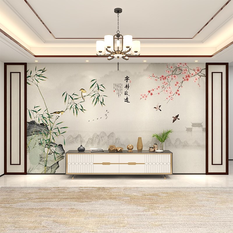 新中式花鸟竹子电视背景墙布客厅梅花沙发壁画水墨X山水卧室壁布