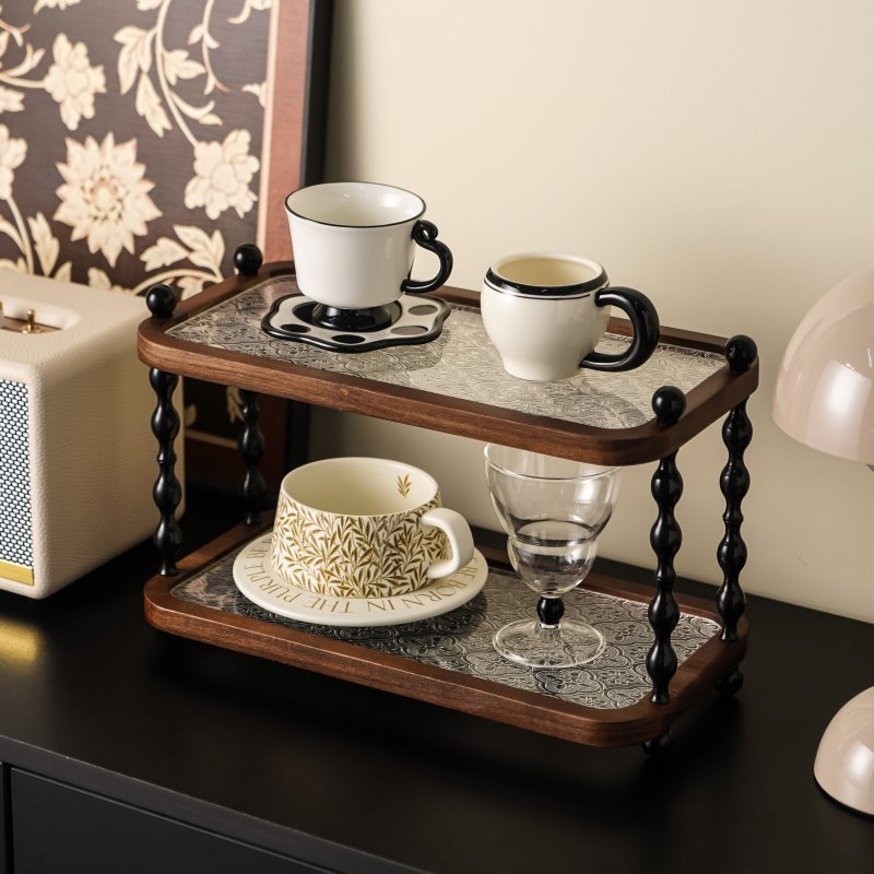 中古风桌面杯子实木置物架高级A感轻奢家用台面特别好看双层收纳