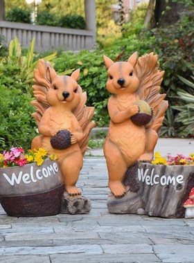 庭院花园动物g花盆造景布置别墅卡通创意松鼠花缸户外园林装饰摆