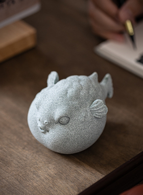 国风青砂石可爱河豚摆件动物创意客厅G办公室桌面鱼缸景观装饰摆