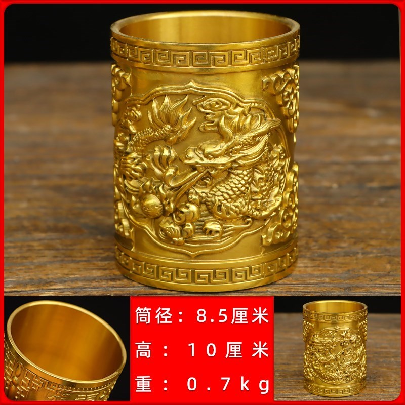 纯铜笔筒五牛图龙k吐珠百福荷塘月色图精品中式书房U办公室桌面摆
