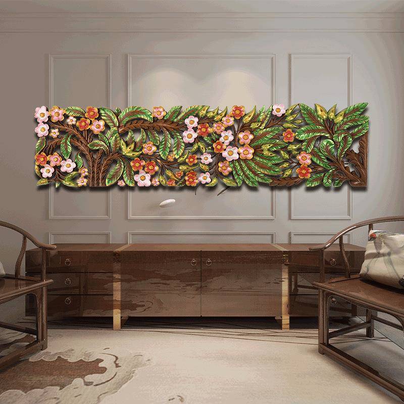 柚木雕花板墙面壁挂装饰挂件东南亚风格卧室墙壁装饰彩绘树木壁饰