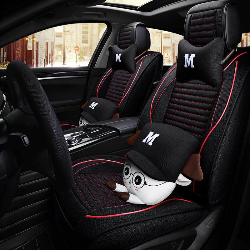 2019秋冬款四季通用汽车座套个性女时尚亚麻坐垫全包卡通布熊