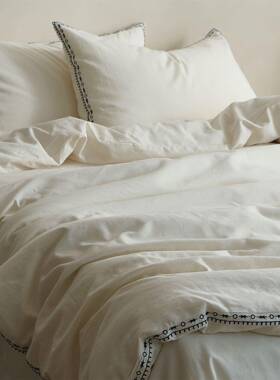 简约复古白色刺绣棉麻四件套20%亚麻拼角窄边被套双人床上用品