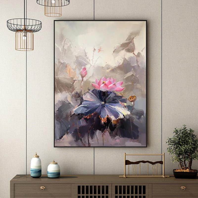 新中式入户玄关走廊荷花纯手绘客厅油画餐厅荷叶壁画大芬村挂画