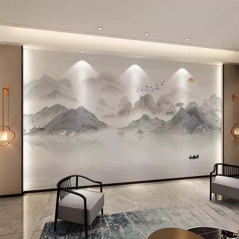 墙纸定制中式3d立体水墨山水电视背景墙壁K纸客厅壁布卧室墙布壁