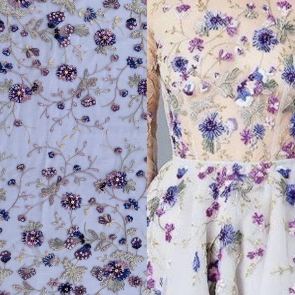 彩色绣花牵牛花 手工串珠刺绣礼服晚装天蓝色面料粉色 缝钻淑女,纺织面料/辅料/配套,面料/布类,淘宝优惠券,粉丝福利购,淘宝优惠卷