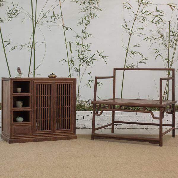 新中式老榆木禅意椅子免漆实木家具功夫茶桌餐椅黑胡桃太师椅圈椅