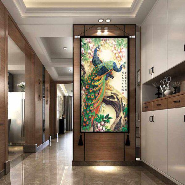 孔雀招财开运布画客厅玄关酒店背景墙挂毯布艺装饰挂画床头无框画