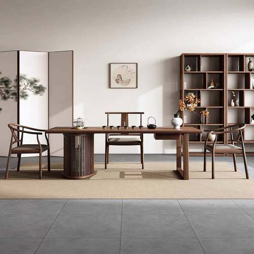 新中式黑胡桃木经典茶桌椅组合实木原木榆木办公现代简约茶台茶室