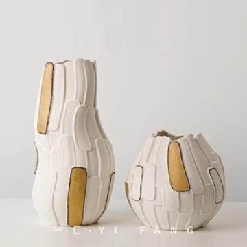 陶瓷拼贴花器样板房民宿售楼部卧室客厅轻奢白色描金艺术花瓶摆件,纺织面料/辅料/配套,纺织机械配件,淘宝优惠券,粉丝福利购,淘宝优惠卷