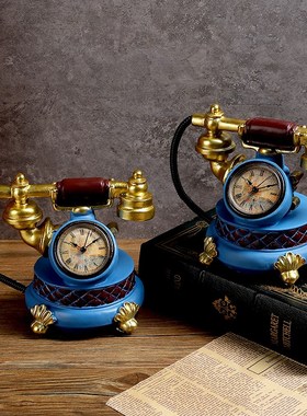 美式复古电话机摆件创意钟表树脂工艺品电视柜酒柜装饰品摄影道具