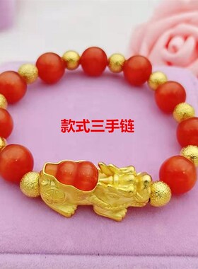 黄铜镀金猫眼石葫芦貔貅手链仿黄金首饰手工串珠招财转运男士手环