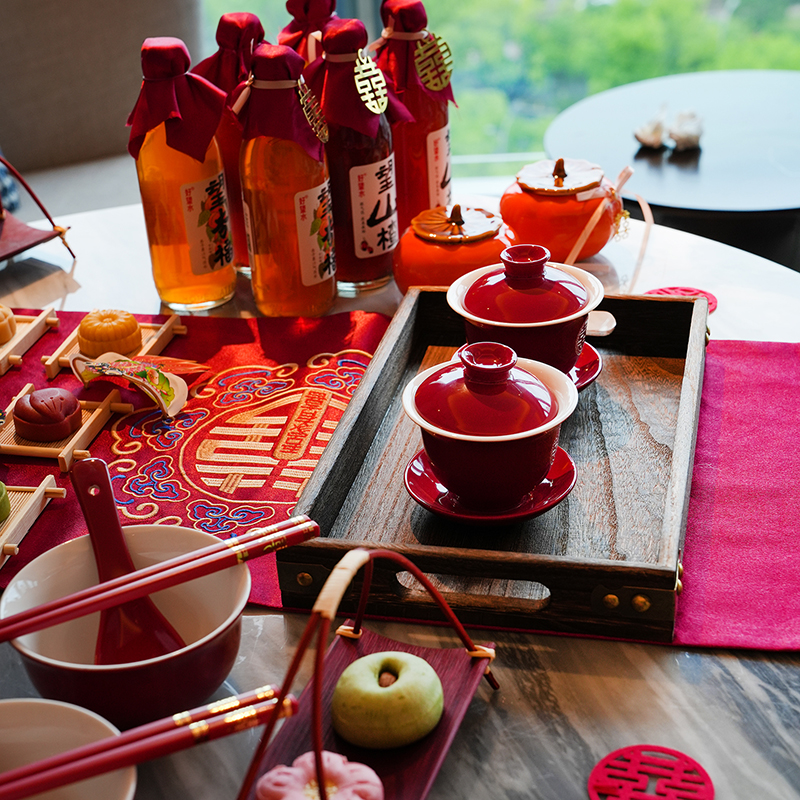 新中式高级感茶几婚房布置套装喜庆敬茶接亲布置结婚婚礼餐桌摆件